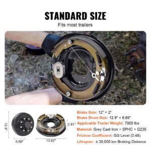 trailer hub drum kits 8 on 6.5" b.c. with 12" x 2" electric brakes, self adjusting trailer brake assembly for 7000 lbs axle, 5 hole mounting, backing plates for brake system part replacement