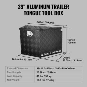 trailer tongue box, aluminum alloy diamond plate tongue box tool chest, heavy duty trailer box storage with lock and keys, utility trailer tongue box for pickup truck, rv, trailer, 39"x16.5"x12"