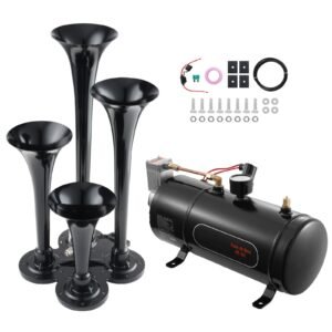 train horns kit, 4 trumpet air horn kit, 150db train horns for pickup trucks, 12v 120 psi air compressor 0.8 gal/3 l tank with gauge for any 12v vehicle car truck train van boat
