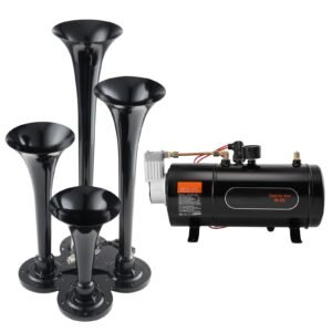 train horns kit, 4 trumpet air horn kit, 150db train horns for pickup trucks, 12v 120 psi air compressor 0.8 gal/3 l tank with gauge for any 12v vehicle car truck train van boat