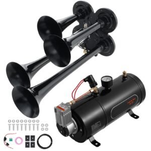 Train Horns Kit, 4 Trumpet Air Horn Kit, 150dB Train Horns for Pickup Trucks, 12V 120 psi Air Compressor 0.8 Gal/3 L Tank with Gauge for Any 12V Vehicle Car Truck Train Van Boat