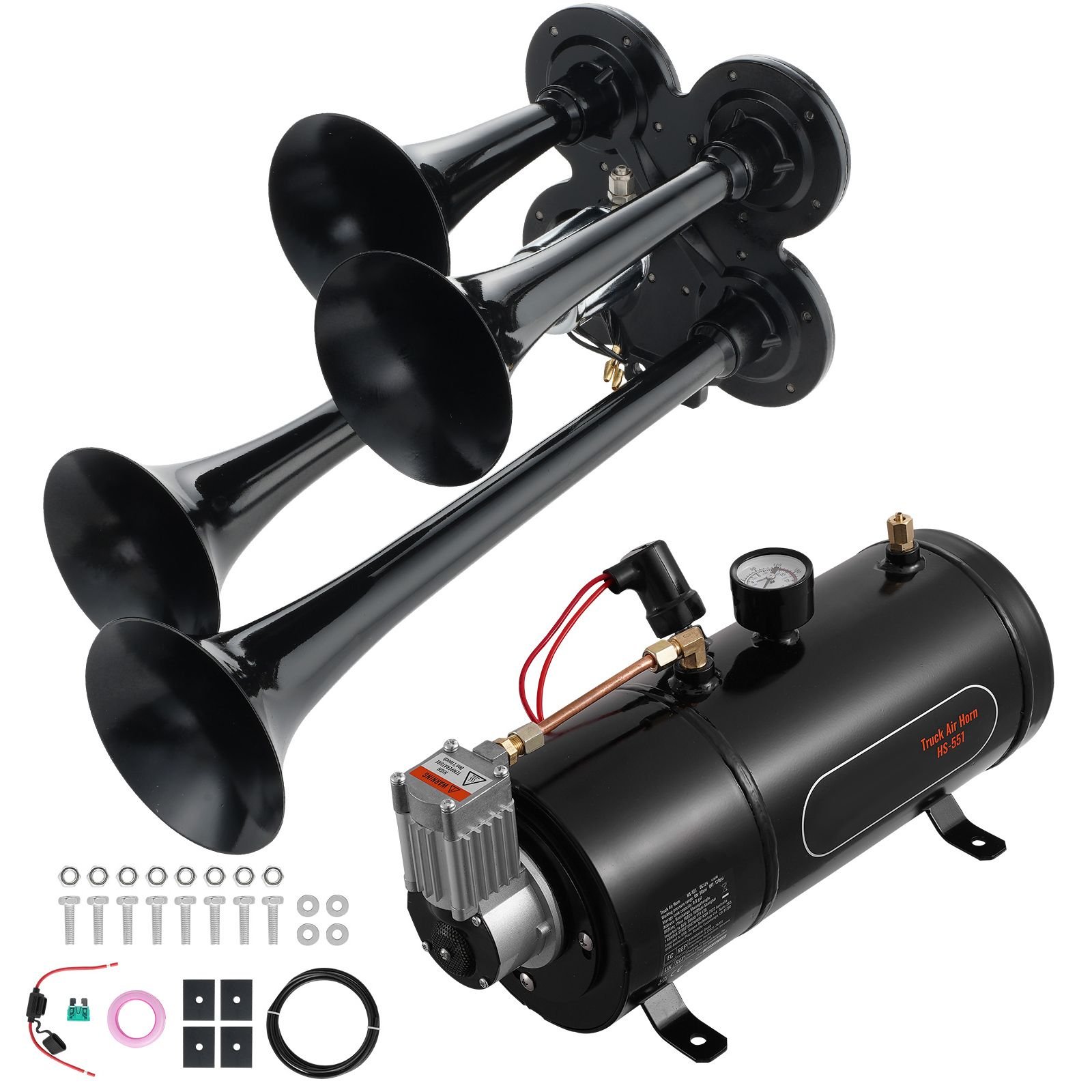 train horns kit, 4 trumpet air horn kit, 150db train horns for pickup trucks, 12v 120 psi air compressor 0.8 gal/3 l tank with gauge for any 12v vehicle car truck train van boat
