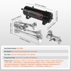 train horns kit, 4 trumpet air horn kit, 150db train horns for pickup trucks, 12v 160 psi air compressor 2.6 gal/10 l tank with gauge for any 12v vehicle car truck train van boat