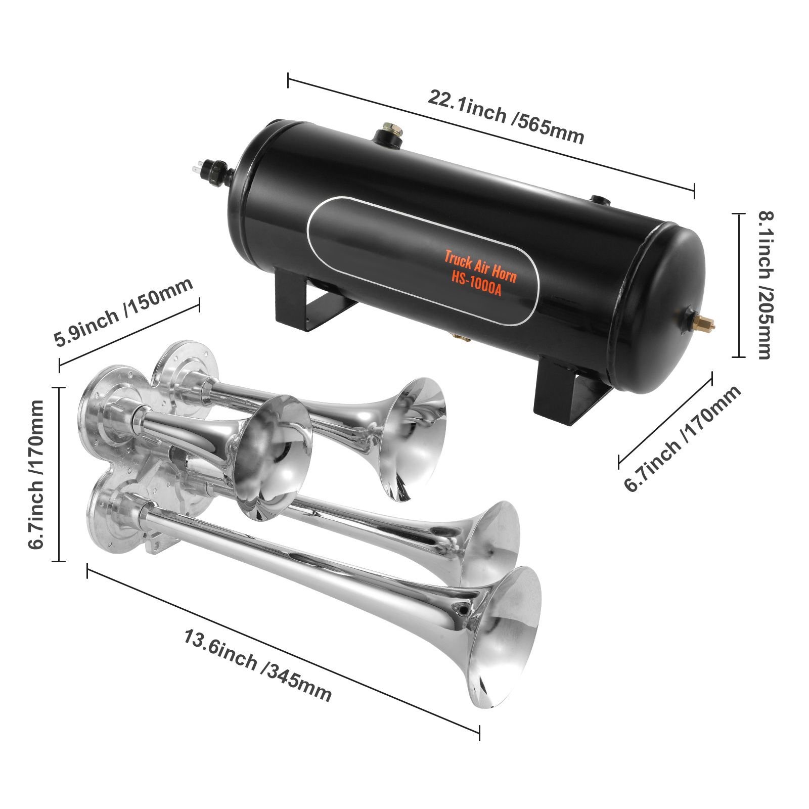 train horns kit, 4 trumpet air horn kit, 150db train horns for pickup trucks, 12v 160 psi air compressor 2.6 gal/10 l tank with gauge for any 12v vehicle car truck train van boat