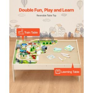 train table, 120 multicolor pieces wooden kids activity table with collapsible storage bin, 3 in 1 wooden train set for gaming, drawing, reading, eating, creative toy set for kids ages 3+