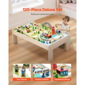 train table, 120 multicolor pieces wooden kids activity table with collapsible storage bin, 3 in 1 wooden train set for gaming, drawing, reading, eating, creative toy set for kids ages 3+