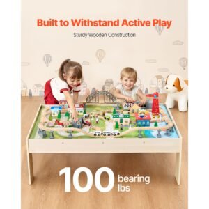 train table, 120 multicolor pieces wooden kids activity table with collapsible storage bin, 3 in 1 wooden train set for gaming, drawing, reading, eating, creative toy set for kids ages 3+