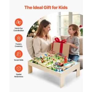 train table, 120 multicolor pieces wooden kids activity table with collapsible storage bin, 3 in 1 wooden train set for gaming, drawing, reading, eating, creative toy set for kids ages 3+