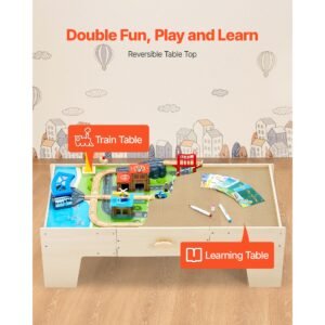 train table, 62 multicolor pieces wooden kids activity table with large storage drawer, 3 in 1 wooden train set for playing, drawing, reading, eating, creative toy set for kids ages 3+