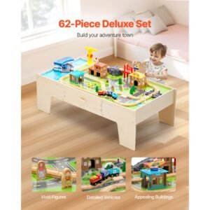 train table, 62 multicolor pieces wooden kids activity table with large storage drawer, 3 in 1 wooden train set for playing, drawing, reading, eating, creative toy set for kids ages 3+