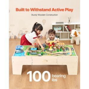 train table, 62 multicolor pieces wooden kids activity table with large storage drawer, 3 in 1 wooden train set for playing, drawing, reading, eating, creative toy set for kids ages 3+