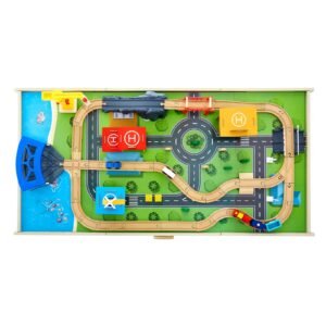 Train Table, 62 Multicolor Pieces Wooden Kids Activity Table with Large Storage Drawer, 3-in-1 Wooden Train Set for Playing, Drawing, Reading, Eating, Creative Toy Set for Kids Ages 3+