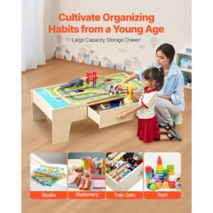 train table, 62 multicolor pieces wooden kids activity table with large storage drawer, 3 in 1 wooden train set for playing, drawing, reading, eating, creative toy set for kids ages 3+