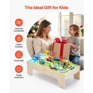 train table, 62 multicolor pieces wooden kids activity table with large storage drawer, 3 in 1 wooden train set for playing, drawing, reading, eating, creative toy set for kids ages 3+