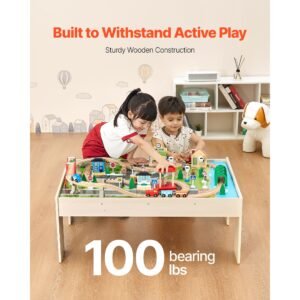 train table, 84 multicolor pieces wooden kids activity table with collapsible storage bin, 3 in 1 wooden train set for gaming, drawing, reading, eating, creative toy set for kids ages 3+