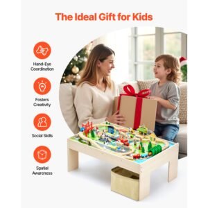 train table, 84 multicolor pieces wooden kids activity table with collapsible storage bin, 3 in 1 wooden train set for gaming, drawing, reading, eating, creative toy set for kids ages 3+