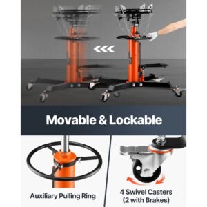 transmission jack, 1/2ton/1100lbs capacity hydraulic telescopic transmission jack, 2 stage floor jack stand with foot pedal, 360° swivel wheel, garage/ shop lift hoist, orange