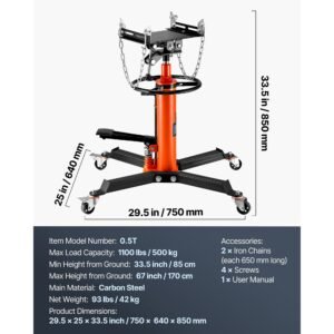 transmission jack, 1/2ton/1100lbs capacity hydraulic telescopic transmission jack, 2 stage floor jack stand with foot pedal, 360° swivel wheel, garage/ shop lift hoist, orange
