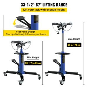 transmission jack, 33" 67" high lift, 1100 lbs hydraulic telescoping transmission jack, 2 stage floor jack stand 1/2 ton capacity with foot pedal, 360° swivel wheel, garage/shop lift hoist