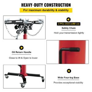 transmission jack,0.75 ton/1660 lbs capacity hydraulic telescopic transmission jack, 2 stage floor jack stand with foot pedal, 360° swivel wheel, garage/shop lift hoist, red