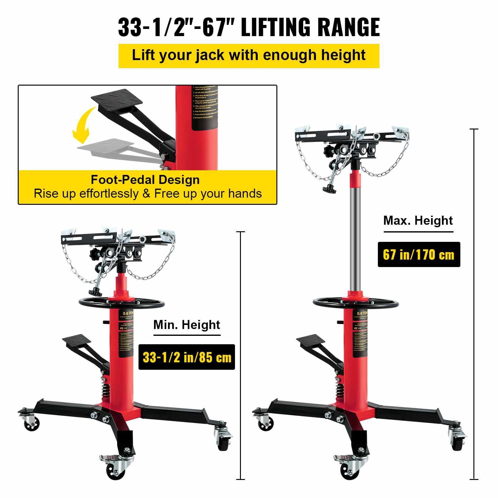 transmission jack,0.75 ton/1660 lbs capacity hydraulic telescopic transmission jack, 2 stage floor jack stand with foot pedal, 360° swivel wheel, garage/shop lift hoist, red