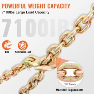 transport binder chain, 7100lbs working load limit, 3/8''x20' g80 tow chain tie down with grab hooks, dot certified, galvanized coating manganese steel for dock factory construction site, 2 pack