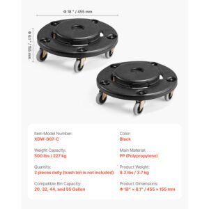 trash can dolly, fit 20, 32, 44, 55 gallon containers, 2 packs round trash can roller base with 4 lockable wheels, 500lbs heavy duty barrel dolly, multi functional rolling dolly cart