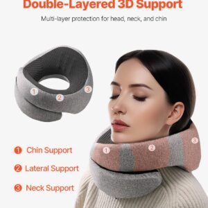 travel pillow, double layered 3d support neck pillow for traveling, 360° flexible rotation upgraded memory foam travel neck pillow with eye mask, earplugs, earplug case, storage bag(black gray)