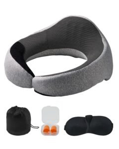 Travel Pillow, Double-Layered 3D Support Neck Pillow for Traveling, 360° Flexible Rotation Upgraded Memory Foam Travel Neck Pillow with Eye Mask, Earplugs, Earplug Case, Storage Bag(Black-Gray)