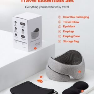 travel pillow, double layered 3d support neck pillow for traveling, 360° flexible rotation upgraded memory foam travel neck pillow with eye mask, earplugs, earplug case, storage bag(black gray)
