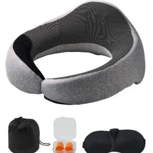 travel pillow, double layered 3d support neck pillow for traveling, 360° flexible rotation upgraded memory foam travel neck pillow with eye mask, earplugs, earplug case, storage bag(black gray)