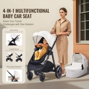 travel system stroller with infant bassinet, 2 in 1 baby cradle stroller combo, reversible seat, easy one button folding, eva tires with brake aluminum stroller carseat combo set (white)