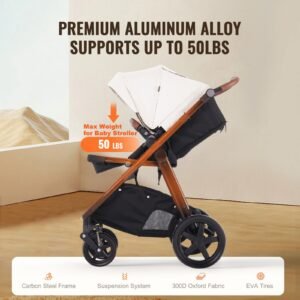 travel system stroller with infant bassinet, 2 in 1 baby cradle stroller combo, reversible seat, easy one button folding, eva tires with brake aluminum stroller carseat combo set (white)