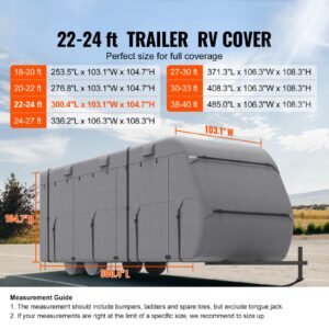 travel trailer cover, 22 24 ft rv cover, 4 layer non woven fabric camper cover, waterproof, windproof and rip stop class a rv cover, with storage bag, repair patches, straps and tire covers