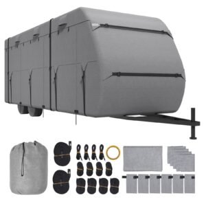 Travel Trailer Cover, 22-24 ft RV Cover, 4-Layer Non-Woven Fabric Camper Cover, Waterproof, Windproof and Rip-Stop Class A RV Cover, with Storage Bag, Repair Patches, Straps and Tire Covers