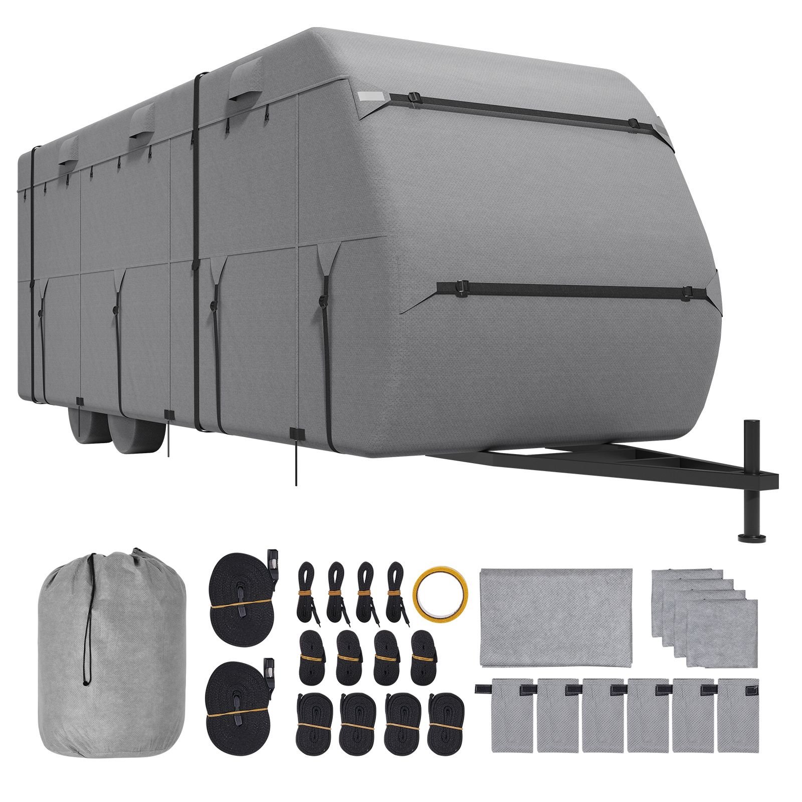 travel trailer cover, 22 24 ft rv cover, 4 layer non woven fabric camper cover, waterproof, windproof and rip stop class a rv cover, with storage bag, repair patches, straps and tire covers