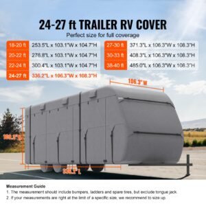 travel trailer cover, 24 27 ft rv cover, 4 layer non woven fabric camper cover, waterproof, windproof and rip stop class a rv cover, with storage bag, repair patches, straps and tire covers