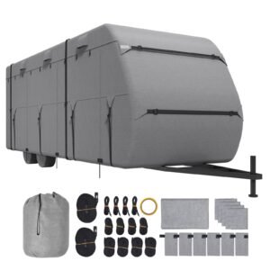 Travel Trailer Cover, 24-27 ft RV Cover, 4-Layer Non-Woven Fabric Camper Cover, Waterproof, Windproof and Rip-Stop Class A RV Cover, with Storage Bag, Repair Patches, Straps and Tire Covers