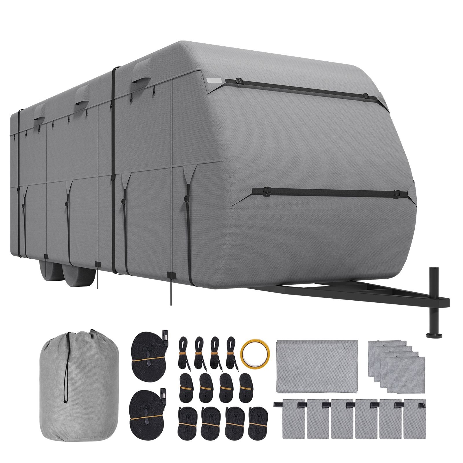 travel trailer cover, 24 27 ft rv cover, 4 layer non woven fabric camper cover, waterproof, windproof and rip stop class a rv cover, with storage bag, repair patches, straps and tire covers