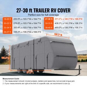 travel trailer cover, 27 30 ft rv cover, 4 layer non woven fabric camper cover, waterproof, windproof and rip stop class a rv cover, with storage bag, repair patches, straps and tire covers
