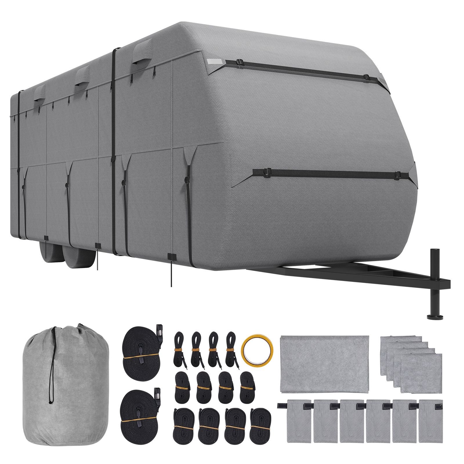 travel trailer cover, 27 30 ft rv cover, 4 layer non woven fabric camper cover, waterproof, windproof and rip stop class a rv cover, with storage bag, repair patches, straps and tire covers