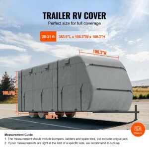 travel trailer cover, 28 31 ft rv cover, top 300d oxford fabric camper cover, waterproof, windproof and rip stop class a rv cover, with storage bag, repair patches, straps and tire covers