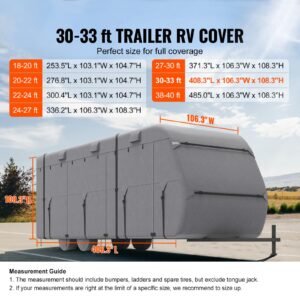 travel trailer cover, 30 33 ft rv cover, 4 layer non woven fabric camper cover, waterproof, windproof and rip stop class a rv cover, with storage bag, repair patches, straps and tire covers