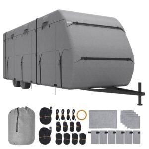 Travel Trailer Cover, 30-33 ft RV Cover, 4-Layer Non-Woven Fabric Camper Cover, Waterproof, Windproof and Rip-Stop Class A RV Cover, with Storage Bag, Repair Patches, Straps and Tire Covers