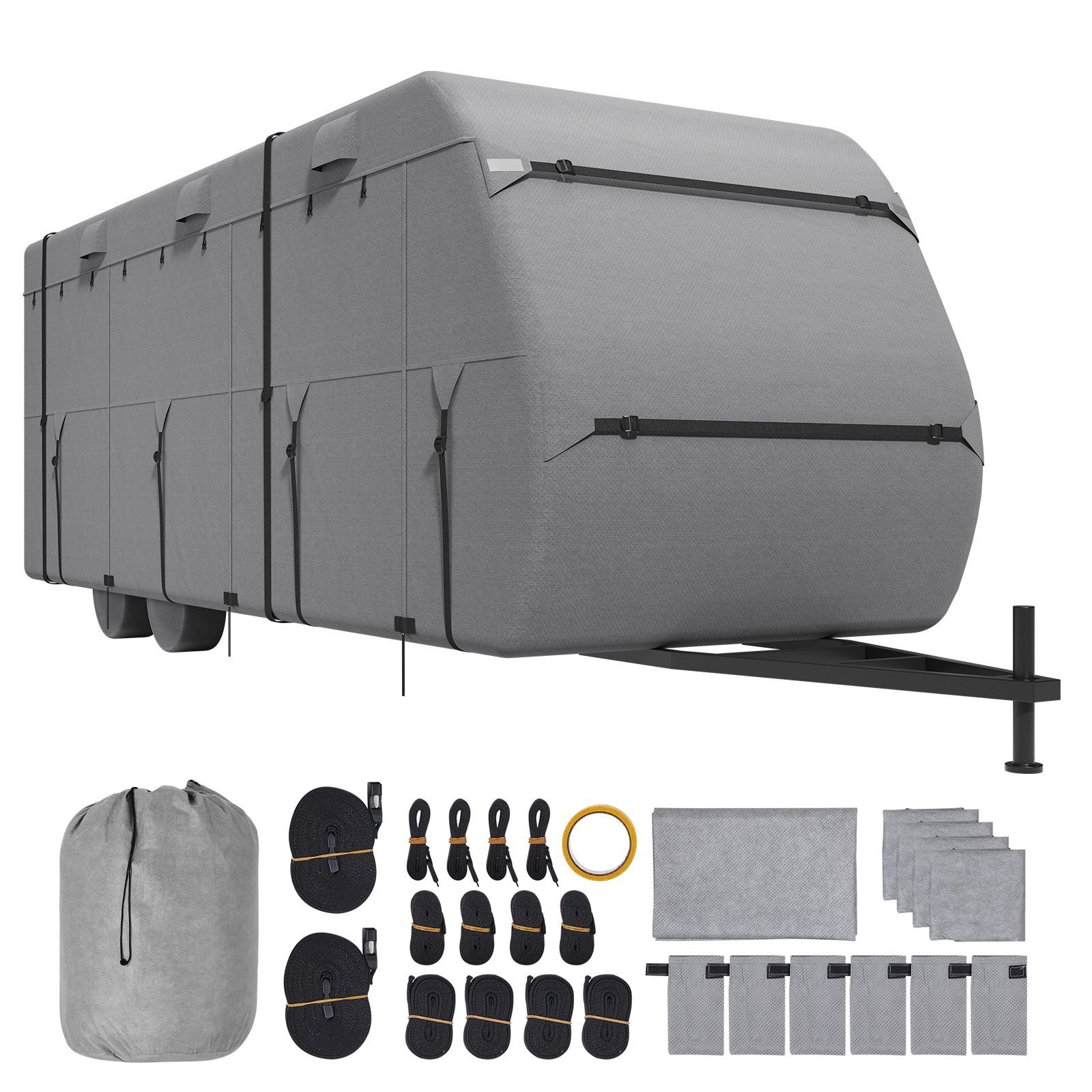 travel trailer cover, 30 33 ft rv cover, 4 layer non woven fabric camper cover, waterproof, windproof and rip stop class a rv cover, with storage bag, repair patches, straps and tire covers