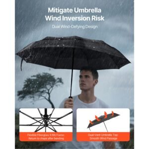 travel umbrella, 42 in portable compact umbrellas, automatic open close umbrella, lightweight & durable with flexible fiberglass ribs, windproof, rainproof, and sun blocking canopy (black)
