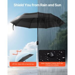 travel umbrella, 42 in portable compact umbrellas, automatic open close umbrella, lightweight & durable with flexible fiberglass ribs, windproof, rainproof, and sun blocking canopy (black)