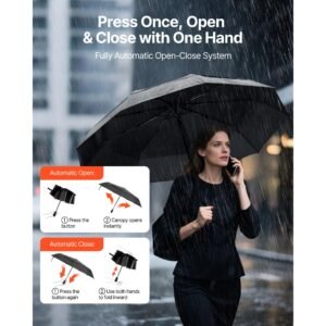 travel umbrella, 42 in portable compact umbrellas, automatic open close umbrella, lightweight & durable with flexible fiberglass ribs, windproof, rainproof, and sun blocking canopy (black)