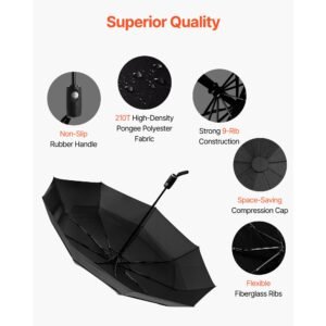 travel umbrella, 42 in portable compact umbrellas, automatic open close umbrella, lightweight & durable with flexible fiberglass ribs, windproof, rainproof, and sun blocking canopy (black)