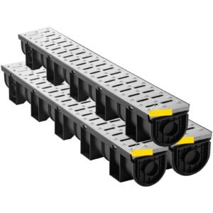 trench drain system, channel drain with metal grate, 5.9x5.1 inch hdpe drainage trench, black plastic garage floor drain, 3x39 trench drain grate, with 3 end caps, for garden, driveway 3 pack